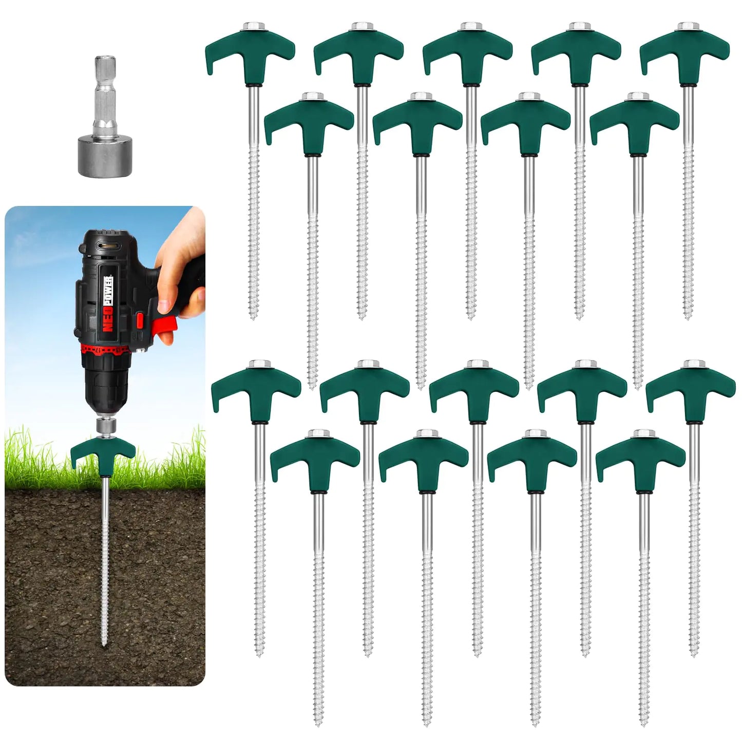 18 Tent Stakes Heavy Duty Metal Tent Stakes Screw in Camping Stakes with Luminous Head Ground Anchor Pegs Threaded Tent Spikes with Hex Head Driver and Storage Box Green