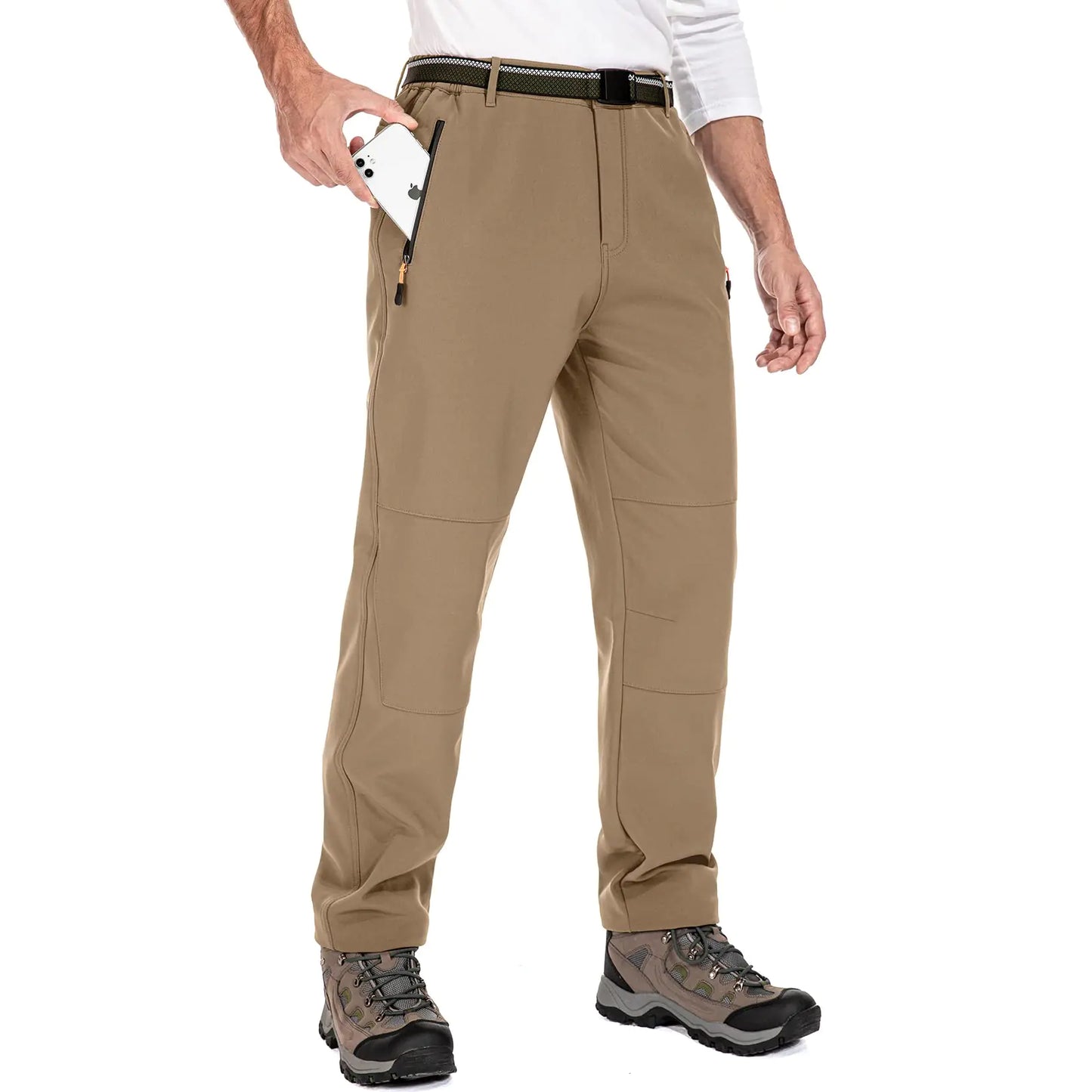 Anteef Mens hiking Snow Pants Skiing Winter Insulated Fleece lined Outdoor Water Trousers for Camping Walking Fishing(Khaki 36)