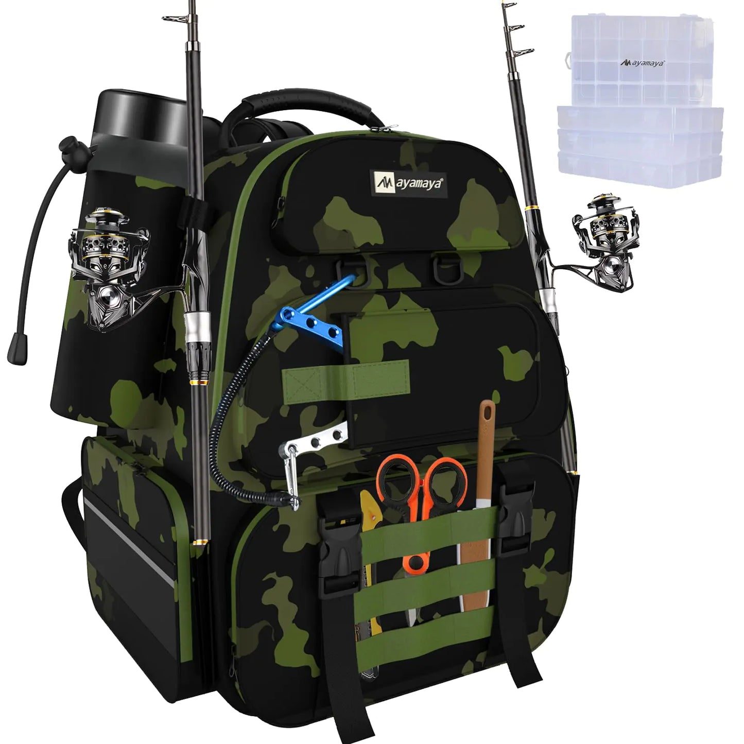 ayamaya 45L Fishing Backpack with 4 Tackle Boxes Large Fishing Tackle Backpack with Rod Holders Rubber Reet Outdoor Multifunctional Fishing Bag Gear & Equipment for Fishing Camping Hiking