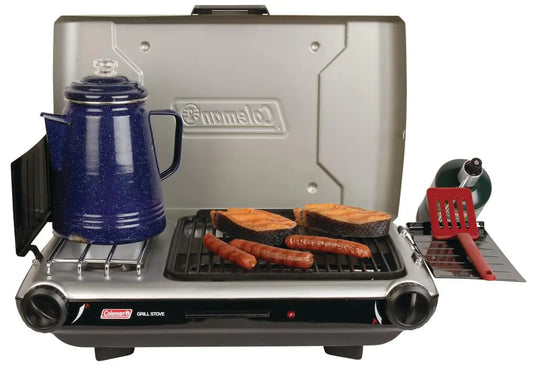 Coleman Tabletop 2-in-1 Grill & Stove with 2 Adjustable Burners Propane Grill/Stove with Push-Button Starter Wind Guards Grease Tray & 20000 BTUs of Power for Camping Tailgating & More