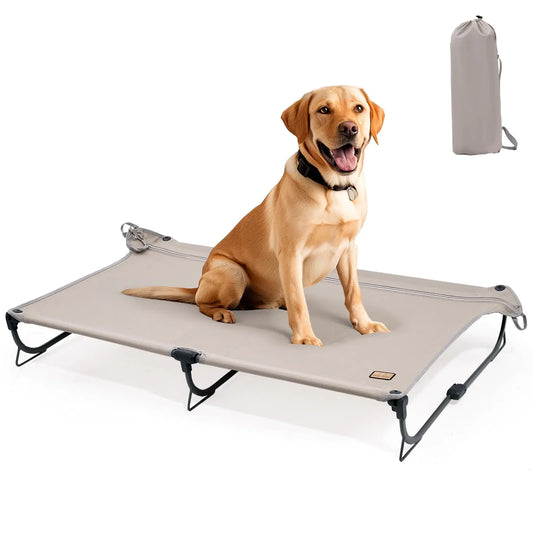 CANINE CANYON Daisy Cot Large Foldable Elevated Dog Bed Portable Raised Outdoor Folding Dog Cot Cooling Chew Proof Waterproof Heavy Duty Up to 160 Lbs for Camping/Home Tan 43"x27"x7”