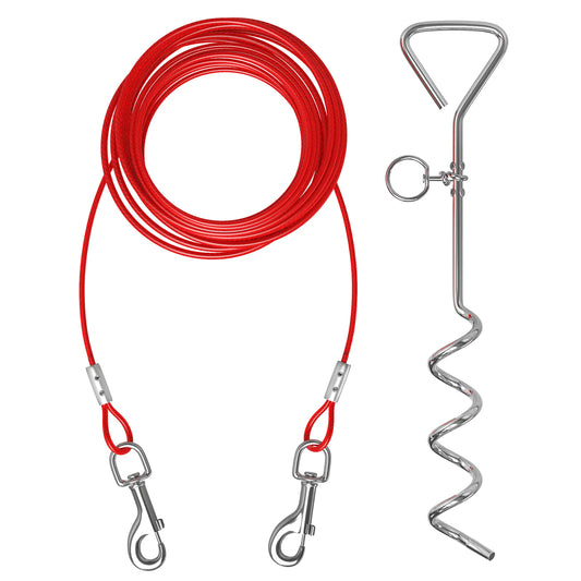 20ft Dog Tie Out Cable with 16" Chrome Plated Anti-Rust Stake - Perfect Heavy Duty Dog Chain with Dog Stake for Outdoor Yard Camping & Garden Compatible with Harness Leash & Chain Attachments