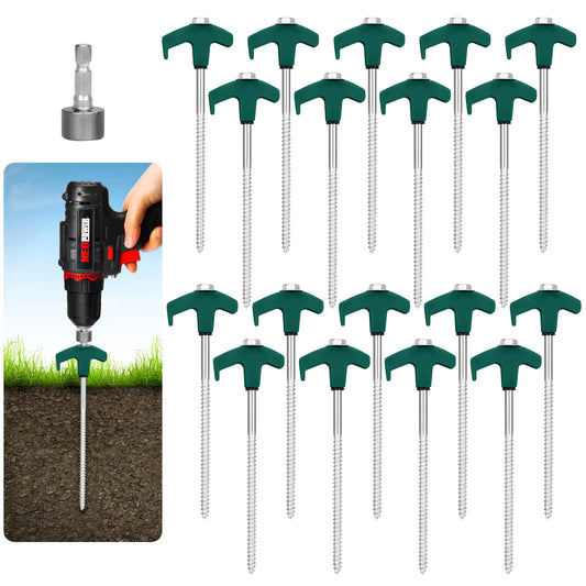 18 Tent Stakes Heavy Duty Metal Tent Stakes Screw in Camping Stakes with Luminous Head Ground Anchor Pegs Threaded Tent Spikes with Hex Head Driver and Storage Box Green
