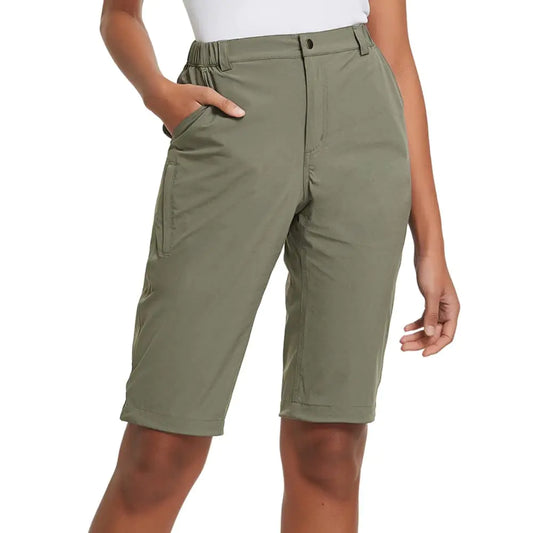 BALEAF Womens Hiking Shorts Bermuda Long Knee Length Quick Dry Stretch Elastic Waist for Camping Travel Sage Green Size L