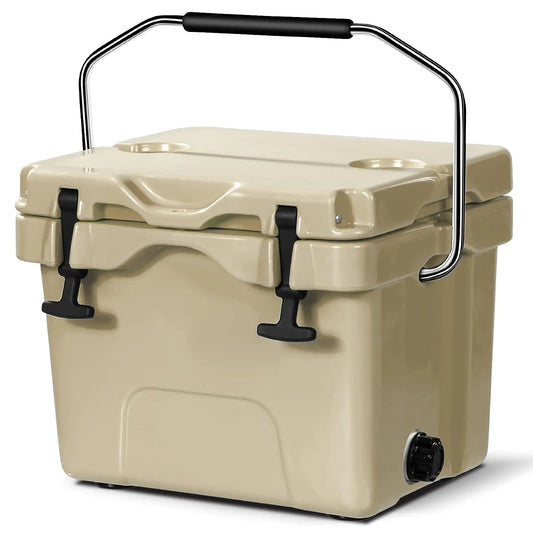 COSTWAY 16 Quart Cooler 24 Can Insulated Ice Chest Box with Heavy Duty Handle and 2 Cup Holders 3-5 Days Ice Retention Portable Leakproof Hard Cooler for Camping Fishing Picnic Outdoor (Khaki)